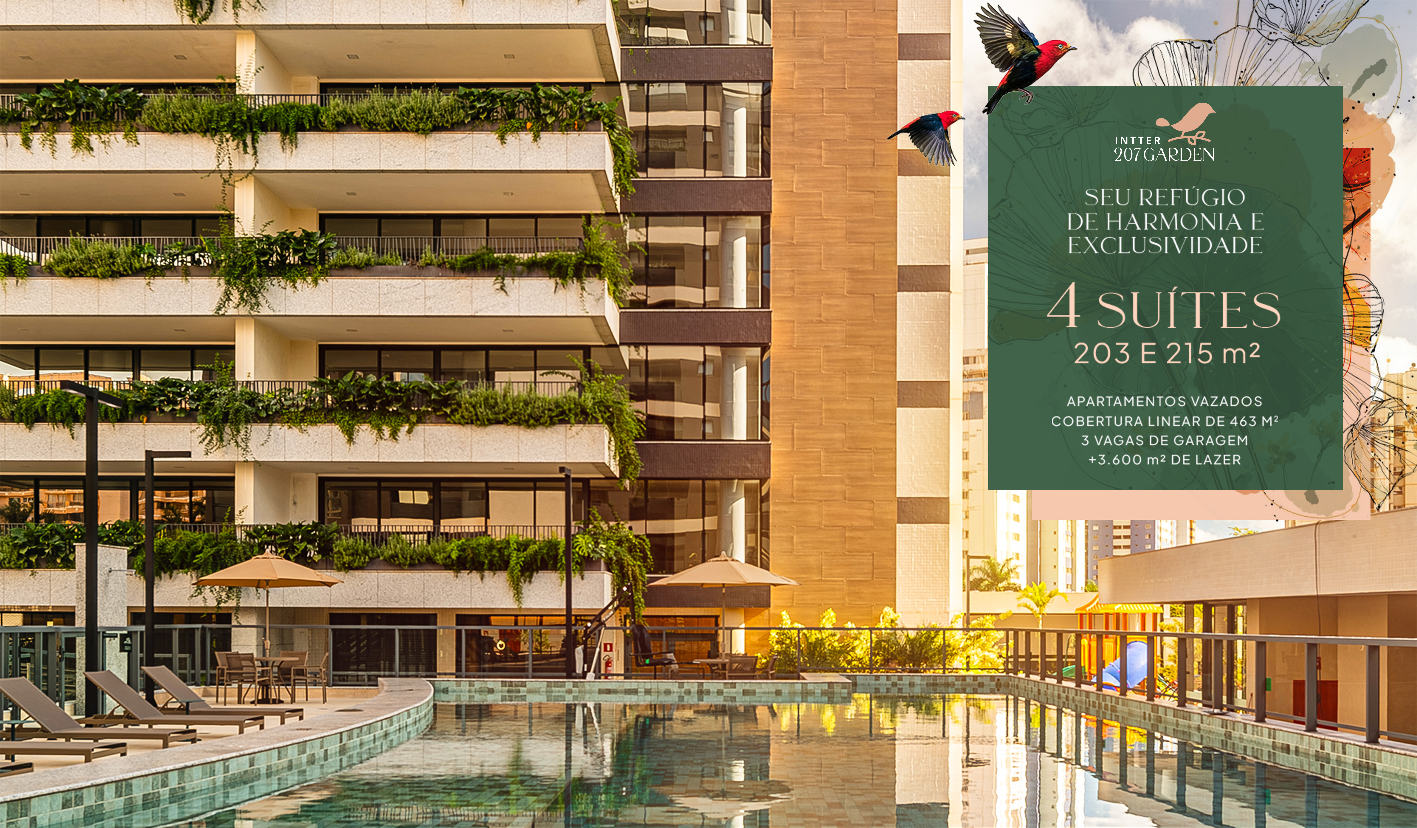 Intter 207 Garden — Seu refúgio de harmonia e exclusividade. 4 suítes, 203 e 215 m². Apartamentos vazados, cobertura linear de 463 m², 3 vagas de garagem e +3.600 m² de lazer.